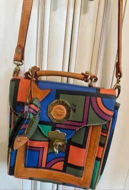 Double Fish Womens Colorblock Leather Satchel Top Handle Sling Bag Multicolor OS